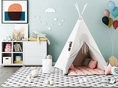 Cozy Kids Playroom With Teepee Pink Cushions White Cabinet And Decor 3d model