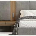 Modern Double Bed with Upholstered Headboard Pillows Blanket and Nightstand in Neutral Tones Design