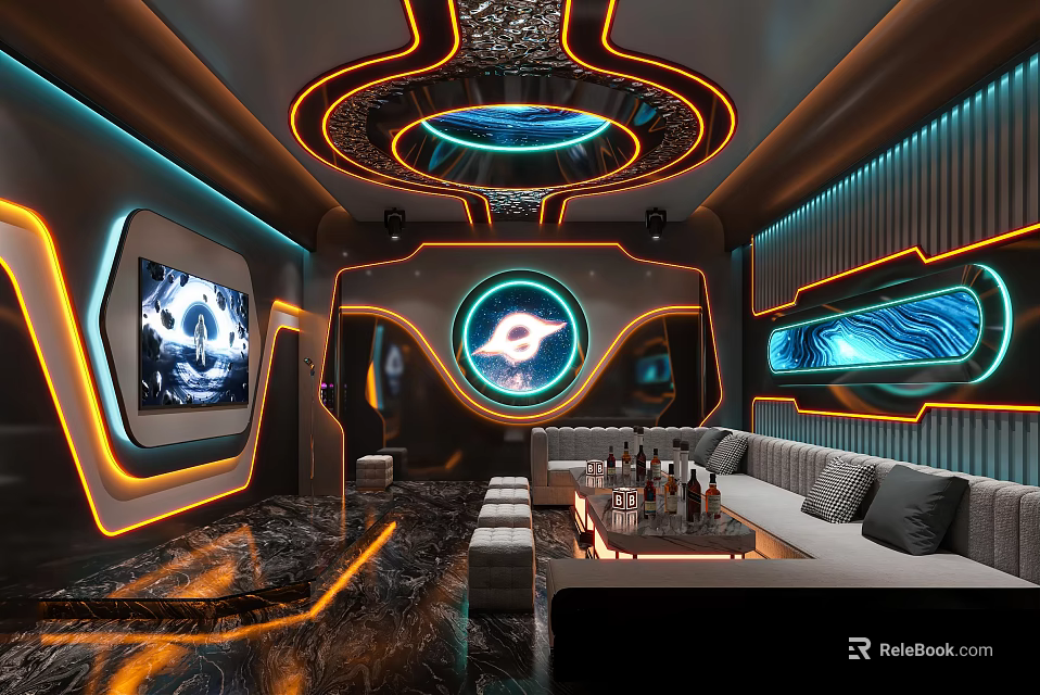 Futuristic KTV Interior With Neon Lights Large Screens And Sofas 3d model