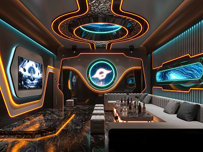 Futuristic KTV Interior With Neon Lights Large Screens And Sofas 3d model