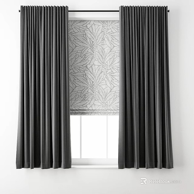 Stylish Dark Curtains With Leaf Patterned Roman Blind On White Wall And Window 3d model 
