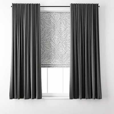 Stylish Dark Curtains With Leaf Patterned Roman Blind On White Wall And Window 3d model
