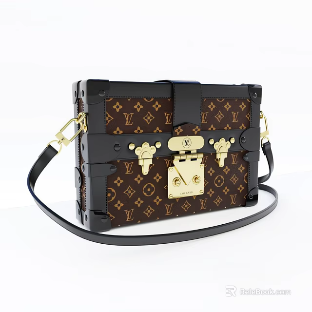 Luxury Brown And Black Trunk Bag With Monogram Pattern Gold Lock Hardware Black Shoulder Strap 3d model