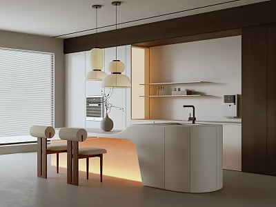 Modern Restaurant Interior With Open Layout White Island Counter Wooden Cabinets Hanging Lights And Chairs 3d model