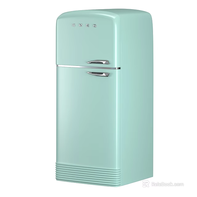 Mint Green Vintage Double Door Refrigerator With Metal Handles And Classic Design 3d model 