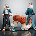 Anthropomorphic Fox Character 3D Model with Horns Blue Coat and Orange White Tail 3d model