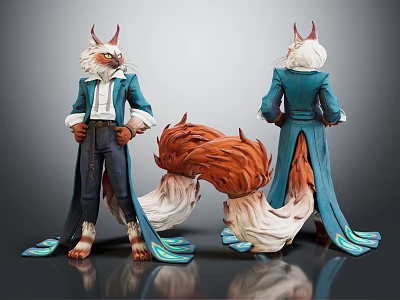 Anthropomorphic Fox Character 3D Model with Horns Blue Coat and Orange White Tail 3d model