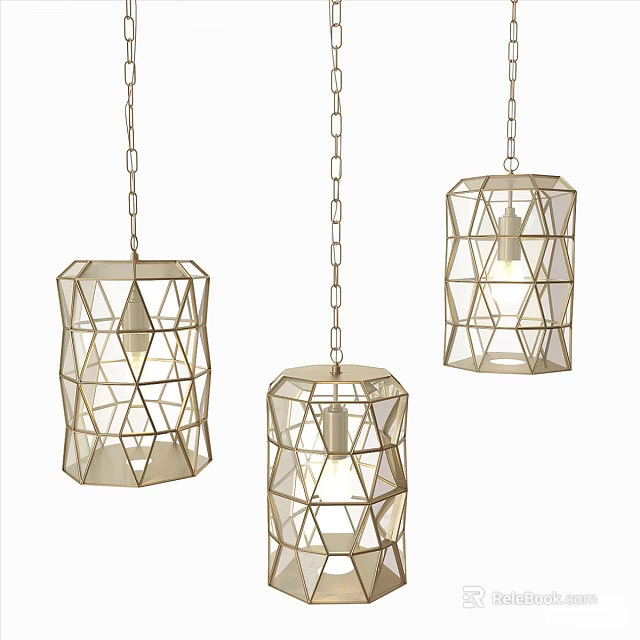Three Modern Geometric Design Chandeliers With Metal Frame And Hanging Chain 3d model 