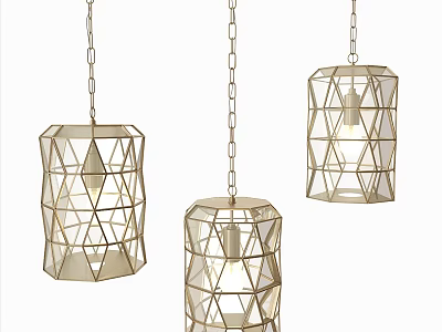 Three Modern Geometric Design Chandeliers With Metal Frame And Hanging Chain 3d model