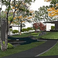 Serene Garden Landscape with Lush Green Grass Colorful Trees Small Pond and Stone Pathway