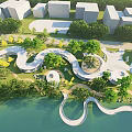 Scenic Waterfront Landscape With Curved Pathway Green Lawn Stone Benches And Trees