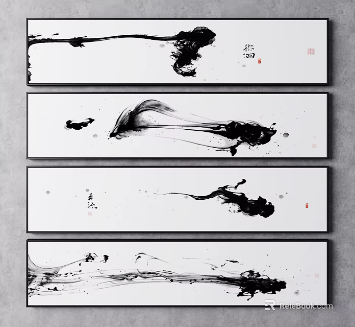 Traditional Chinese Ink Paintings With Flowing Ink Strokes And Red Seals 3d model 
