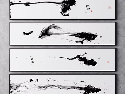Traditional Chinese Ink Paintings With Flowing Ink Strokes And Red Seals 3d model
