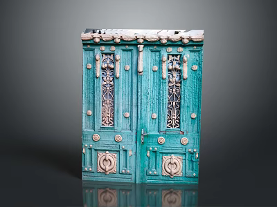 Turquoise Double Entrance Door With Ornate Wrought Iron Windows And Decorative Top And Round Door Knockers 3d model