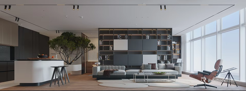 Modern Living Room Interior With Large Bookshelf Grey Sofa Green Plant And Coffee Table 3d model 