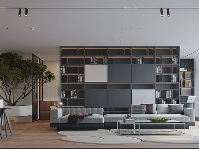 Modern Living Room Interior With Large Bookshelf Grey Sofa Green Plant And Coffee Table 3d model