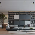 Modern Living Room Interior With Large Bookshelf Grey Sofa Green Plant And Coffee Table