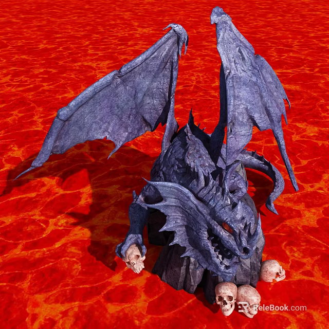 Purple Mythical Dragon Character With Large Wings Clutching Skulls On Red Lava Background 3d model 