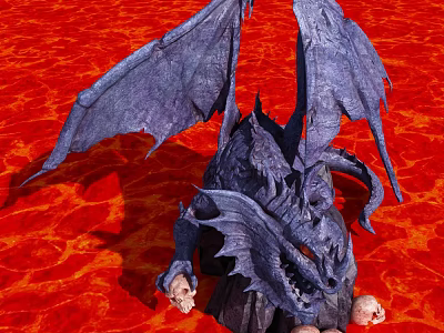 Purple Mythical Dragon Character With Large Wings Clutching Skulls On Red Lava Background 3d model
