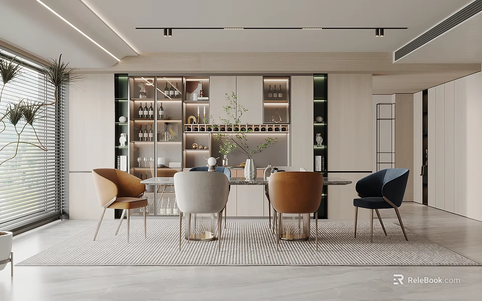 Modern Restaurant Interior Design With Dining Table Various Colored Chairs Plant And Display Shelves 3d model 