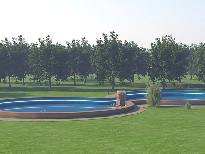 Garden Ornaments With Green Lawn Blue Circular Ponds Brick Structure And Trees 3d model