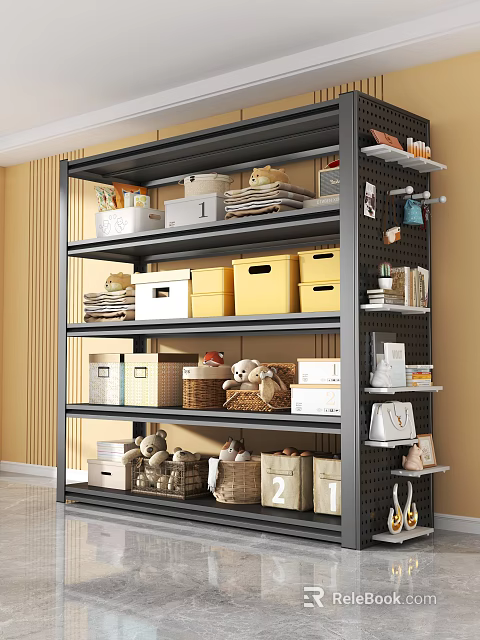 Black Multi Tier Storage Shelving Unit With Organized Boxes Baskets And Home Storage Items 3d model