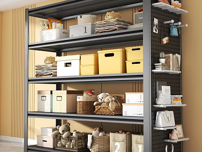 Black Multi Tier Storage Shelving Unit With Organized Boxes Baskets And Home Storage Items 3d model