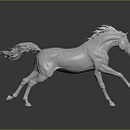 White Horse Sculpture in Running Pose with Gray Background and Black Floor Reflection