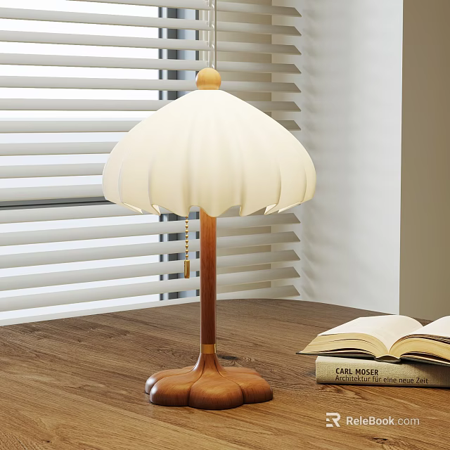 Wooden Table Lamp With White Pleated Shade On Wooden Desk By Window With Blinds 3d model 