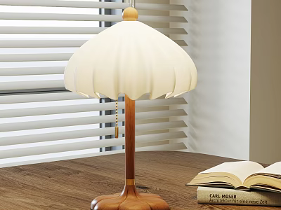 Wooden Table Lamp With White Pleated Shade On Wooden Desk By Window With Blinds 3d model