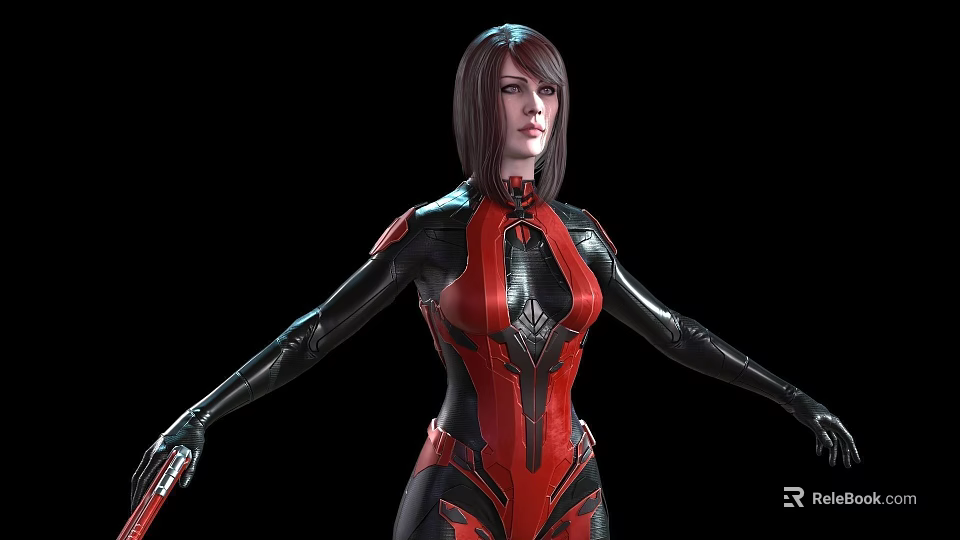 Woman in Red and Black Combat Suit with Short Hair Holding Red Weapon 3d model 