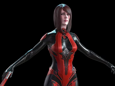 Woman in Red and Black Combat Suit with Short Hair Holding Red Weapon 3d model