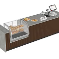 Modern Checkout Counter With Glass Display Case Cookies POS Machine And Wooden Striped Countertop Design