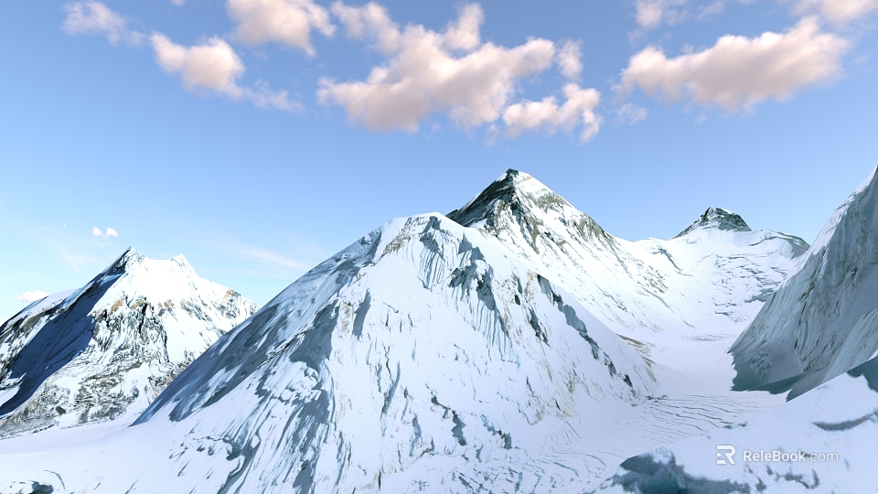 Majestic Snowy Mountain Landscape With Clear Blue Sky And Fluffy White Clouds 3d model 