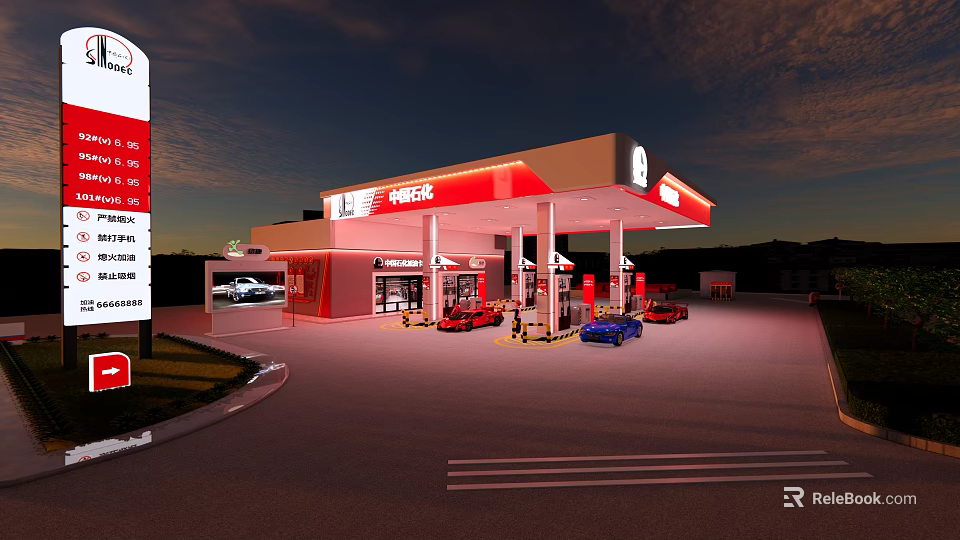 WEGO Gas Station Night View With Fuel Pumps And Parked Vehicles 3d model 
