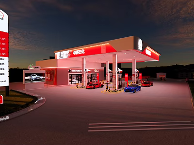 WEGO Gas Station Night View With Fuel Pumps And Parked Vehicles 3d model