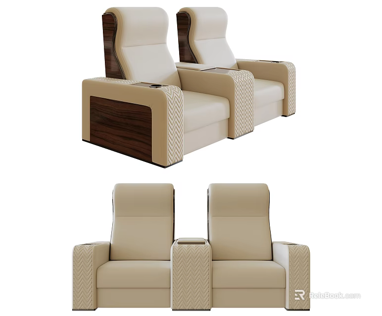 Home Theater Room With Beige Leather Recliners And Wooden Accent Armrests 3d model 