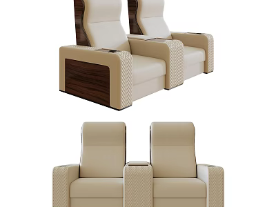 Home Theater Room With Beige Leather Recliners And Wooden Accent Armrests 3d model