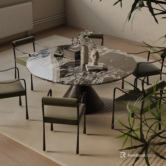 Modern Round Dining Table Set With Marble Top Black Metal Base Six Gray Chairs And Plants 3d model 