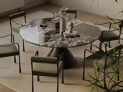 Modern Round Dining Table Set With Marble Top Black Metal Base Six Gray Chairs And Plants 3d model