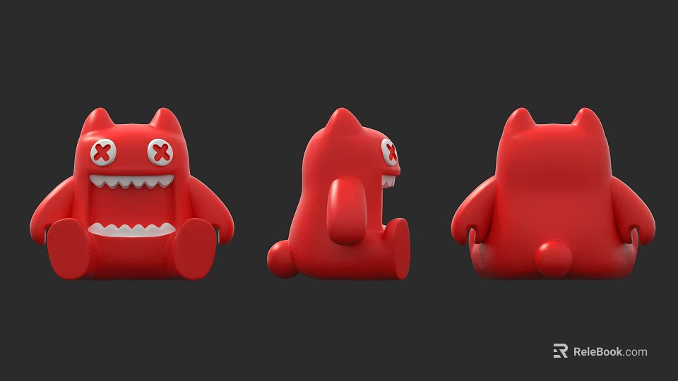 Red Monster Doll With Crossed Eyes And Sharp Teeth Displayed In Three Angles 3d model