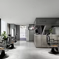 Modern Hair Salon Interior Design With Barber Chairs Reception Counter And Plants