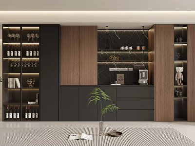 Modern Wine Cabinet Design With Wooden Black Frame Glass Doors LED Lighting And Wine Bottles 3d model