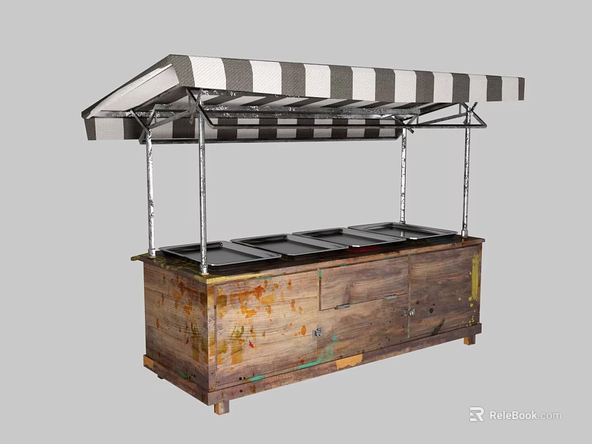 Vintage Wooden Food Cart With Striped Awning And Metal Display Trays On Wheels 3d model 