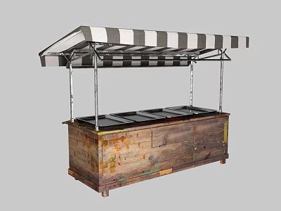 Vintage Wooden Food Cart With Striped Awning And Metal Display Trays On Wheels 3d model