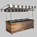 Vintage Wooden Food Cart With Striped Awning And Metal Display Trays On Wheels