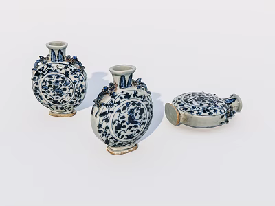 Traditional Blue And White Ceramic Vessels With Floral Patterns And Vase Shapes 3d model