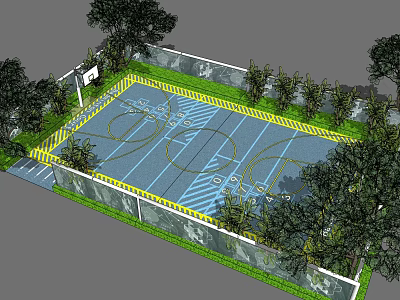 Outdoor Basketball Court With Yellow Line Markings Surrounded by Trees and Fenced Area 3d model
