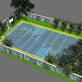 Outdoor Basketball Court With Yellow Line Markings Surrounded by Trees and Fenced Area