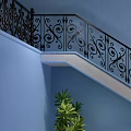 Ornate Staircase With Black Iron Railings Blue Wall Green Plant Black Vases And Pebble Decor